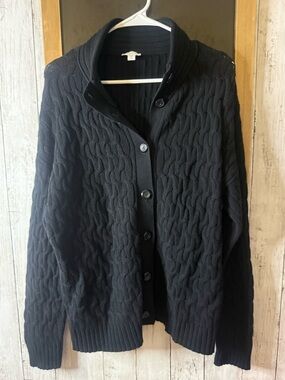 J Jill Women's Button Front V Neck Black Knit Cardigan Size M Tall